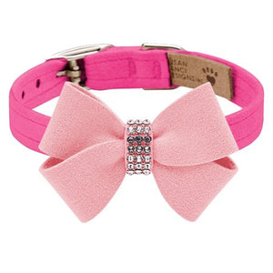 Susan Lanci Plain Perfect Pink Ultrasuede Dog Collar With Puppy Pink Nouveau Bow - Posh Puppy Boutique