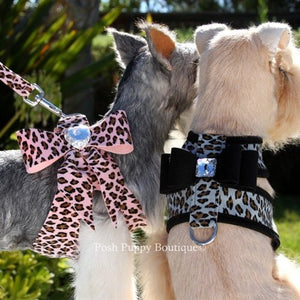 Susan Lanci Platinum Cheetah Tinkie Harness - Contrasting Black Nouveau Bow - Posh Puppy Boutique