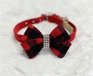 Susan Lanci Red Gingham Nouveau Bow Ultrasuede Collar - Posh Puppy Boutique