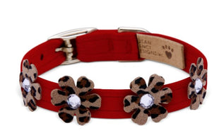 Susan Lanci Red Ultrasuede Collar with Cheetah Flowers - Posh Puppy Boutique