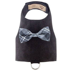 Susan Lanci Scotty Bailey Harness Charcoal Plaid Tux Bow - Posh Puppy Boutique