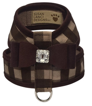 Susan Lanci Tinkie Harness in Fawn Gingham with Chocolate Big Bow - Posh Puppy Boutique