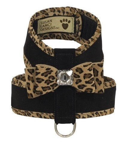 Susan Lanci Two Tone Big Bow Tinkie Harness in Black with Cheetah Trim