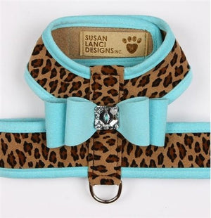 Susan Lanci Two Tone Big Bow Tinkie Harness in Tiffi Blue and Cheetah - Posh Puppy Boutique