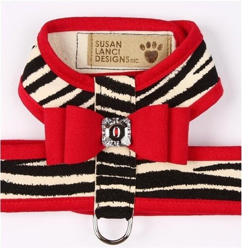 Susan Lanci Two Tone Big Bow Tinkie Harness in Zebra with Red Trim