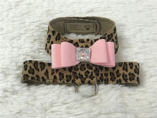 Susan Lanci Two Tone Big Bow Tinkie Harness in Cheetah and Puppy Pink Bow