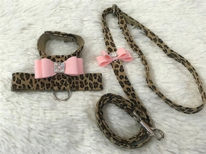 Susan Lanci Two Tone Big Bow Tinkie Harness in Cheetah and Puppy Pink Bow - Posh Puppy Boutique